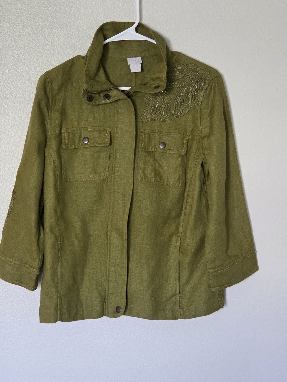 Chico's Linen Olive-Green Utility Jacket with Front Flap Pockets - Picture 2 of 7